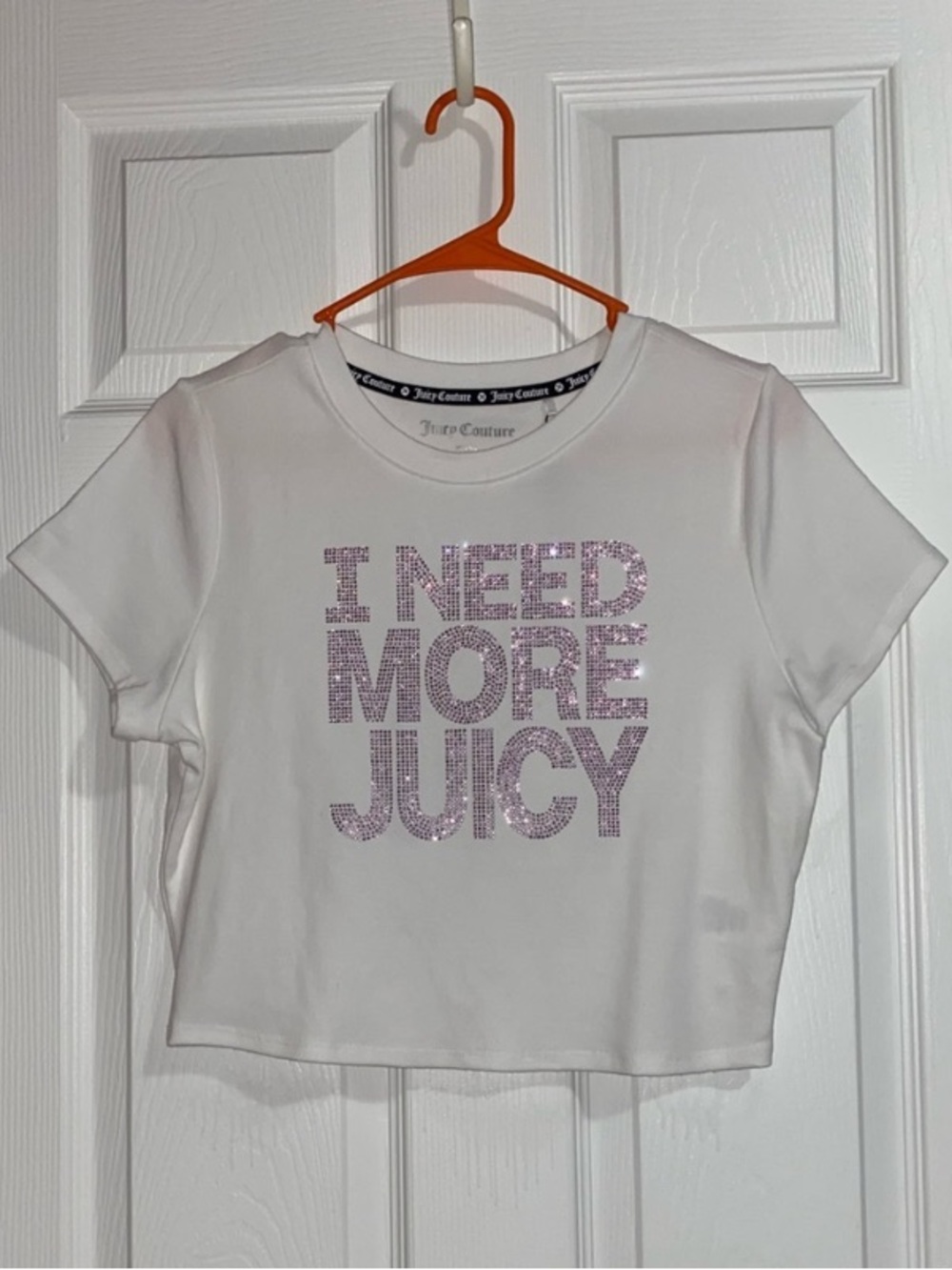 NWT Juicy Couture White Cropped T-Shirt Pink Rhinestone Size Large